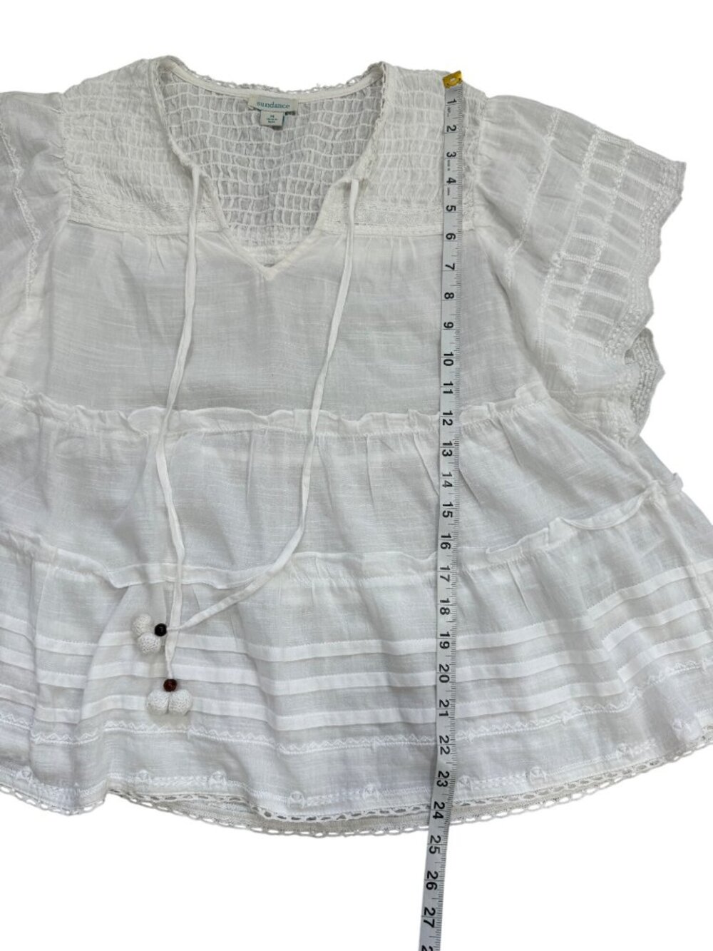 Sundance Women Size M Antonia Tiered White Top Cotton Oversized Smocked & Tassel - Picture 7 of 8